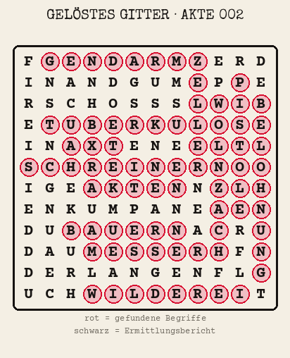 Gelöstes Buchstabengitter zu Akte 002: gefundene Begriffe rot markiert, übrige Buchstaben ergeben den Ermittlungsbericht