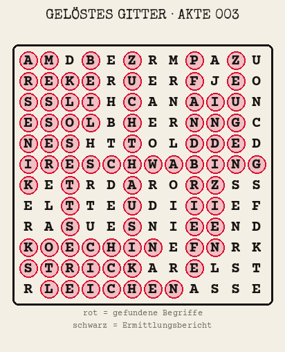 Gelöstes Buchstabengitter zu Akte 003: gefundene Begriffe rot markiert, übrige Buchstaben ergeben den Ermittlungsbericht