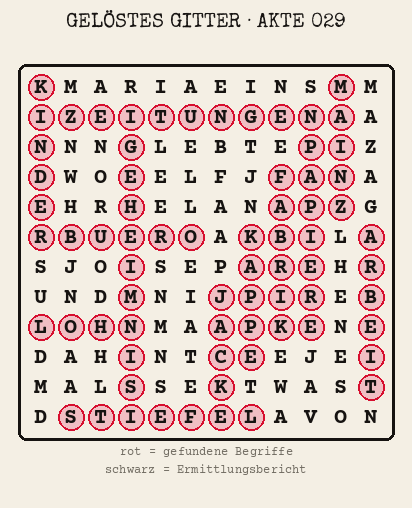 Gelöstes Buchstabengitter zu Akte 029: gefundene Begriffe rot markiert, übrige Buchstaben ergeben den Ermittlungsbericht