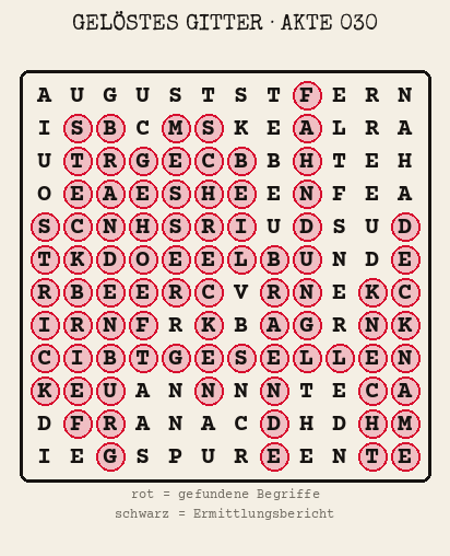 Gelöstes Buchstabengitter zu Akte 030: gefundene Begriffe rot markiert, übrige Buchstaben ergeben den Ermittlungsbericht