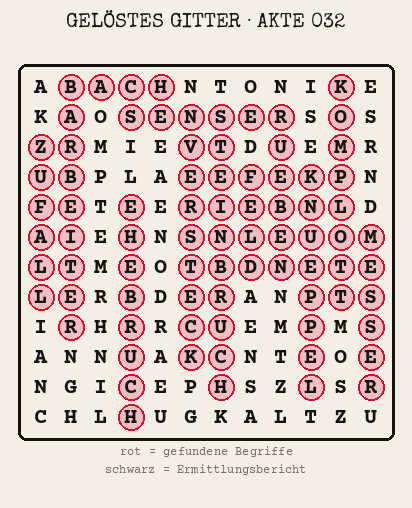 Gelöstes Buchstabengitter zu Akte 032: gefundene Begriffe rot markiert, übrige Buchstaben ergeben den Ermittlungsbericht