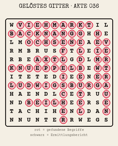 Gelöstes Buchstabengitter zu Akte 036: gefundene Begriffe rot markiert, übrige Buchstaben ergeben den Ermittlungsbericht