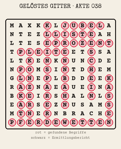 Gelöstes Buchstabengitter zu Akte 038: gefundene Begriffe rot markiert, übrige Buchstaben ergeben den Ermittlungsbericht