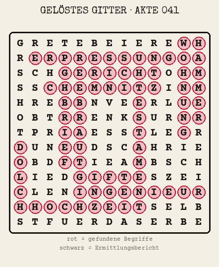 Gelöstes Buchstabengitter zu Akte 041: gefundene Begriffe rot markiert, übrige Buchstaben ergeben den Ermittlungsbericht