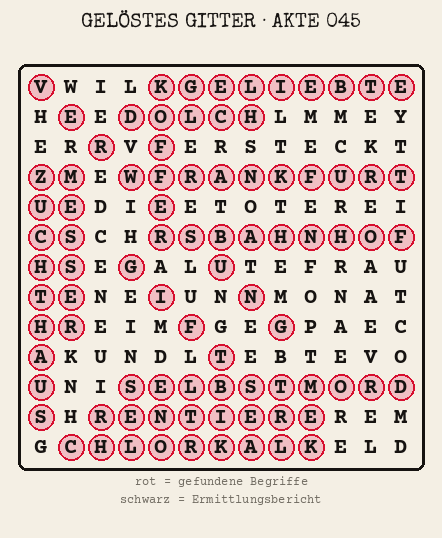 Gelöstes Buchstabengitter zu Akte 045: gefundene Begriffe rot markiert, übrige Buchstaben ergeben den Ermittlungsbericht
