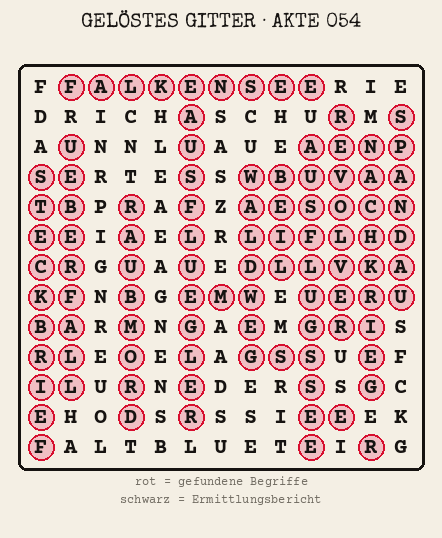 Gelöstes Buchstabengitter zu Akte 054: gefundene Begriffe rot markiert, übrige Buchstaben ergeben den Ermittlungsbericht