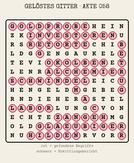 Gelöstes Buchstabengitter zu Akte 058: gefundene Begriffe rot markiert, übrige Buchstaben ergeben den Ermittlungsbericht