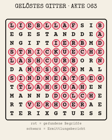 Gelöstes Buchstabengitter zu Akte 063: gefundene Begriffe rot markiert, übrige Buchstaben ergeben den Ermittlungsbericht