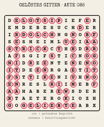 Gelöstes Buchstabengitter zu Akte 085: gefundene Begriffe rot markiert, übrige Buchstaben ergeben den Ermittlungsbericht