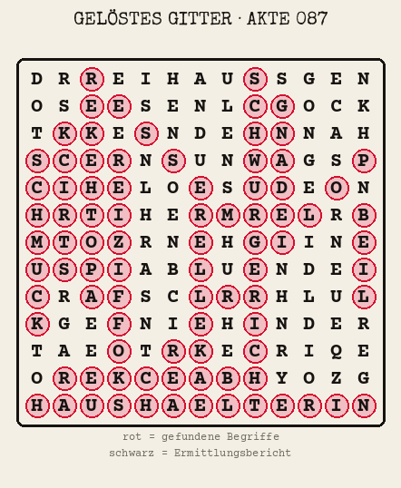 Gelöstes Buchstabengitter zu Akte 087: gefundene Begriffe rot markiert, übrige Buchstaben ergeben den Ermittlungsbericht