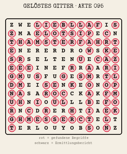 Gelöstes Buchstabengitter zu Akte 095: gefundene Begriffe rot markiert, übrige Buchstaben ergeben den Ermittlungsbericht